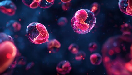 Naklejka premium Pink, translucent bubbles/cells float in dark, vibrant, scientific backdrop