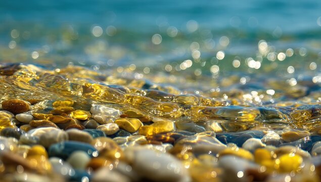 Close-up of water cascading over colorful stones