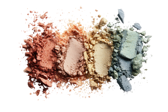Atop a black background, crushed eyeshadow, in varied shades of peach, beige, light yellow, and teal, spreads outward