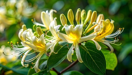 Obraz premium Close-up of vibrant yellow and white honeysuckle flowers in full bloom, showcasing intricate details and delicate petals against a blurred green background.