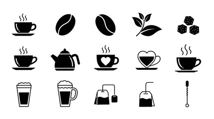 Collection of black silhouette icons representing various coffee and tea beverages, ingredients, and related items on a white background.