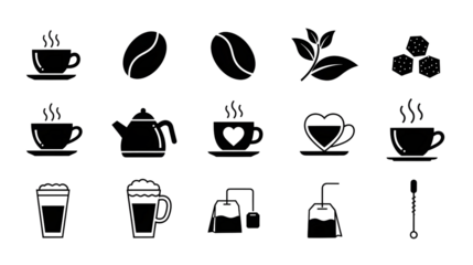 Collection of black silhouette icons representing various coffee and tea beverages, ingredients, and related items on a white background.