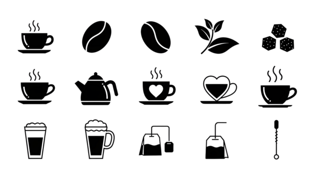 Collection of black silhouette icons representing various coffee and tea beverages, ingredients, and related items on a white background.