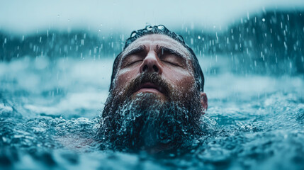 Serene bearded man floating in tranquil water with closed eyes, deeply immersed as gentle rain showers his face, evoking feeling of peace and natural connection