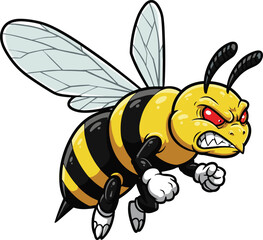 Angry Cartoon Bee Mascot – Aggressive Flying Hornet Illustration with Red Eyes and Fists for Logo, Sticker, or Sports Design