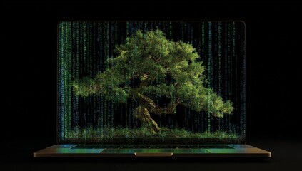 Laptop screen displaying a bonsai tree with digital code