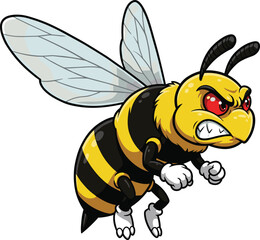 Angry Cartoon Bee Mascot – Aggressive Flying Hornet Illustration with Red Eyes and Fists for Logo, Sticker, or Sports Design