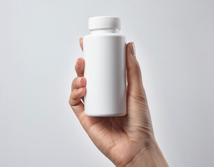 female hand holding white cream tube on white background