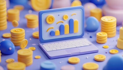Pastel-colored laptop with financial data, surrounded by coins and colorful shapes