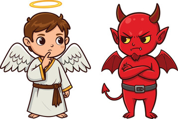 Cute Angel and Devil Characters, Cartoon Boy with Halo and Red Demon, Good vs Evil Concept, Vector Illustration Isolated