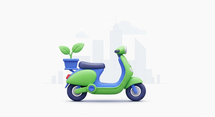 3D Illustration of Green Electric Scooter with Plant Pot for Eco-Friendly Transport