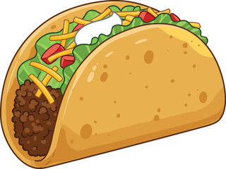Delicious Cartoon Taco Illustration with Beef, Cheese, Lettuce and Sour Cream, Tasty Mexican Food Vector, Fun Fast Food Design