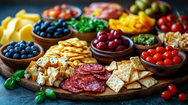 Vibrant and abundant charcuterie board showcasing appealing spread of fresh blueberries, cherry tomatoes, artisanal cheeses, savory crackers, cured meats, sweet fruits, and various dips, presented bea