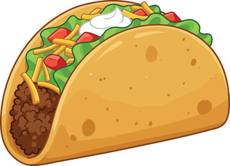 Delicious Cartoon Taco Illustration with Beef, Cheese, Lettuce and Sour Cream, Tasty Mexican Food Vector, Fun Fast Food Design