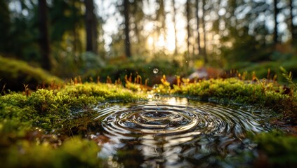 A tranquil forest pool, sunlight splashes