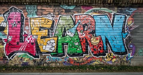 Panning camera revealing graffiti letters spelling LEARN on urban brick wall, with leafy verge - Powered by Adobe