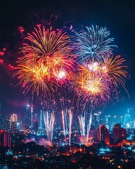 Naklejka premium Stunning city fireworks celebrating festive night high resolution picture