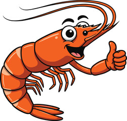 Happy Cartoon Shrimp Mascot Illustration, Funny Orange Prawn Character with Big Eyes and Smile, Seafood Logo Vector Isolated Clipart