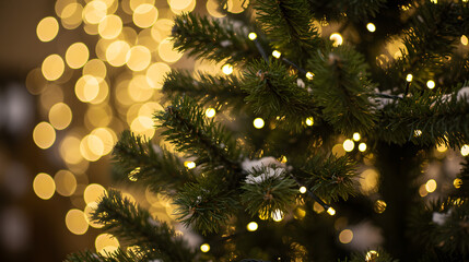 A close-up view of a decorated Christmas tree with warm, glowing lights and a blurred background of bokeh lights.