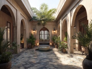 Naklejka premium A courtyard with a fountain in the middle and several potted plants. The courtyard is open and has a lot of natural light