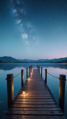 Fototapeta premium Nighttime Pier Reflection – Stars and Hills