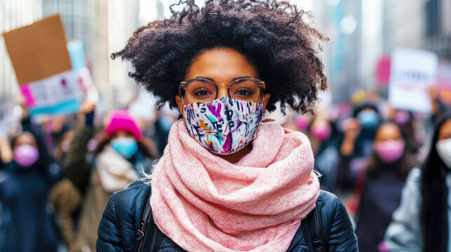 Determined young Black woman with afro, glasses, and vibrant face mask, wearing pink scarf, leads blurred diverse crowd at public protest or social demonstration