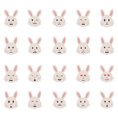 A collection of 20 cute bunny faces displaying a variety of emotions and expressions, presented in a grid format.