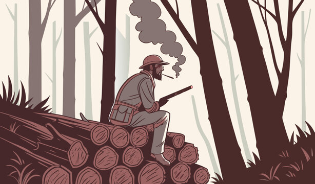 A rugged smuggler sitting on a huge pile of red sandalwood logs in a dense forest, cigarette smoke rising, gritty cinematic lighting, dramatic forest smuggler scene."