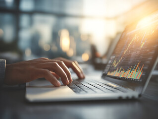 Hand typing on laptop while analyzing financial data in a modern office during sunset