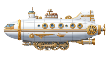 Retro steampunk submarine with intricate gears, ornate design, and vintage elements, perfect for creative art projects