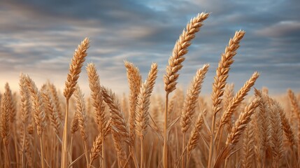 Fototapeta premium Golden Wheat Field Under Dramatic Sky at Dusk, Capturing Nature's Beauty and Abundance in a Serene Landscape