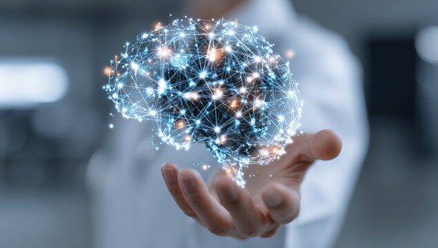 A hand holds a holographic brain, network-style