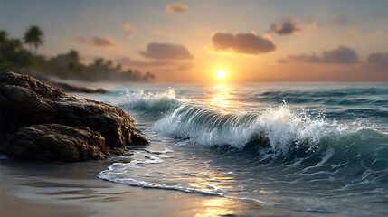 Obraz premium Close-up shot of early morning light reflecting on rippling sea waves with the sun just rising above the horizon in a clear sky.