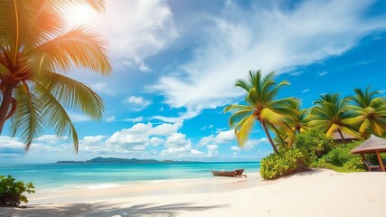 Fototapeta premium tropical beach with palm trees sunlight creating awesome vibe 