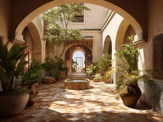 A courtyard with a fountain and plants. The courtyard is open and has a lot of greenery