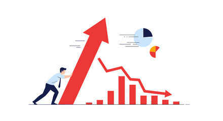 Determined businessman pushes upward arrow to reverse declining business graph and charts