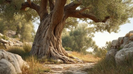 Majestic old olive tree stands beside a rocky pathway with warm sunlight filtering through the branches, creating an enchanting natural landscape setting.