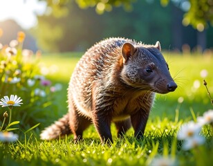 Fototapeta premium A small, brown animal with a bushy tail stands amid a field of wildflowers, bathed in sunlight.