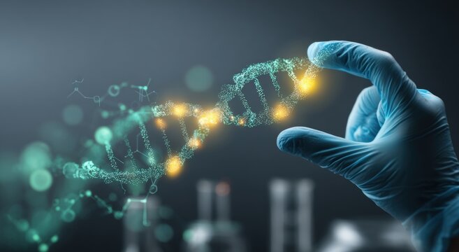 Scientist manipulating glowing DNA strand in lab
