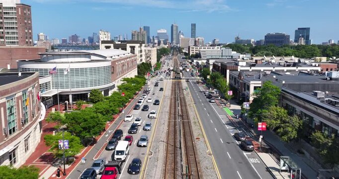 Drone Flight Down Commonwealth Avenue Toward Boston Skyline and Boston University