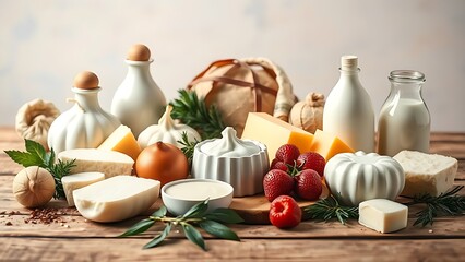 Fresh dairy products arranged on a rustic wooden table with a softly blurred pastel backdrop.