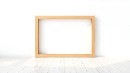 Minimalist wooden frame on a wooden floor against a white wall with soft shadow details.
