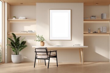 Minimalist home office interior design with a blank poster