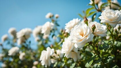 Obraz premium White bush roses against a blue sky, bright sunlight highlighting the flowers with gentle bokeh.