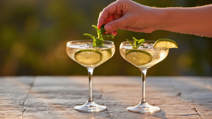 Two Hugo cocktails with lime, mint, and ice in elegant coupe glasses on a stone surface, hand adding garnish in warm evening light.