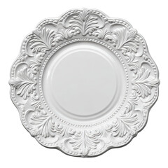 Elegant White Decorative Plate with Intricate Floral Design and Textured Edges for Table Setting or Home Decor