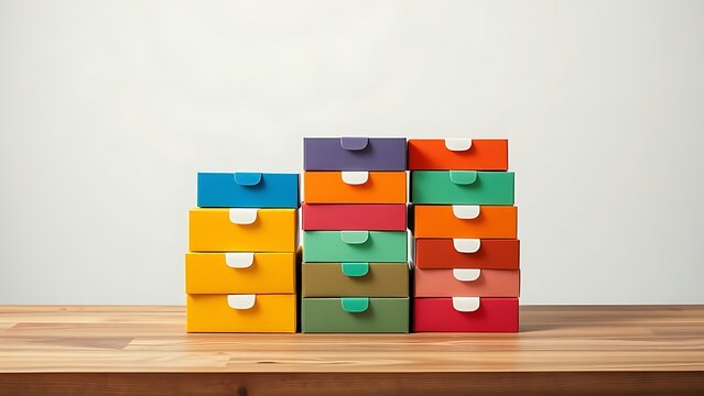 Colorful package boxes neatly stacked on a wooden table, showcasing modern packaging design.