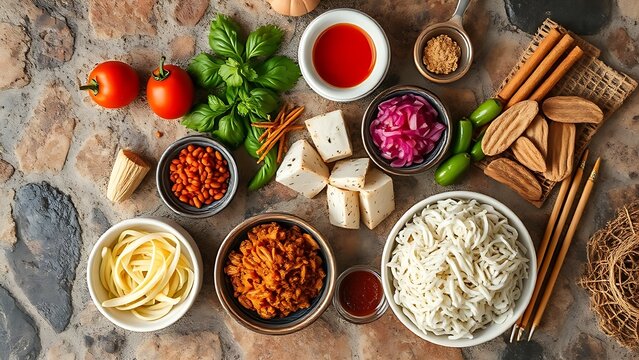 Asian ingredients beautifully arranged on a rustic stone surface, showcasing culinary diversity and warmth.