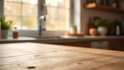 Fototapeta premium A close-up of a natural wood table with soft morning light filtering through a blurred window.
