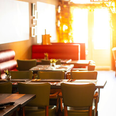 Natural restaurant interior with scenic view at sunset
